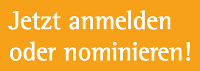Jetzt anmelden oder nominieren als Text auf einem orangenem Hintergrund.